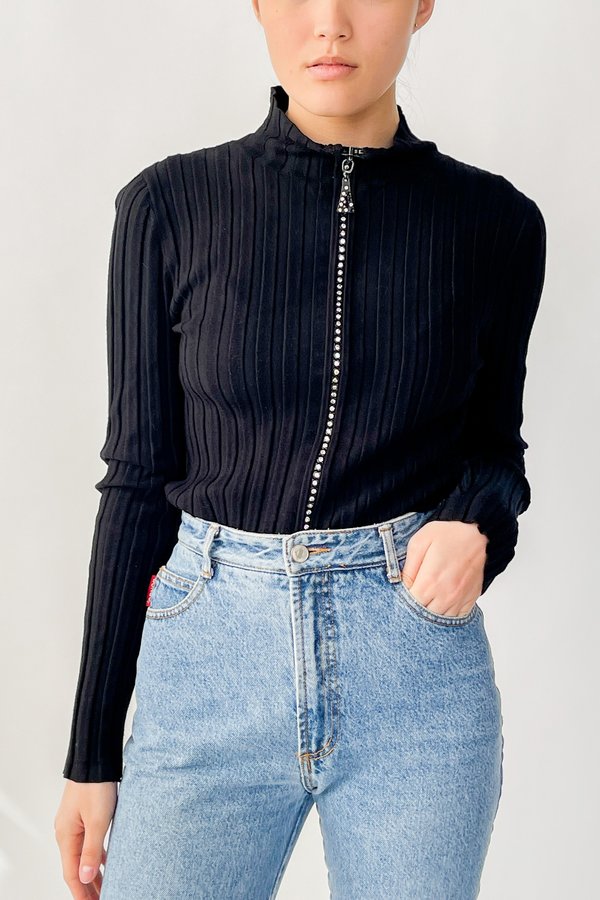 Vintage Ribbed Rhinestone Zipper Top - Black Vintage Ribbed Rhinestone Zipper Top - Black