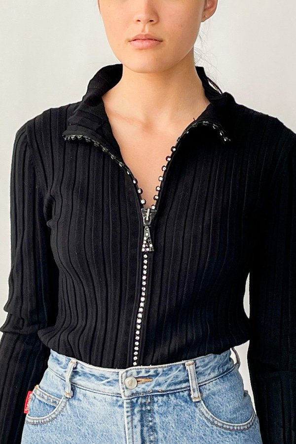 Vintage Ribbed Rhinestone Zipper Top - Black Vintage Ribbed Rhinestone Zipper Top - Black