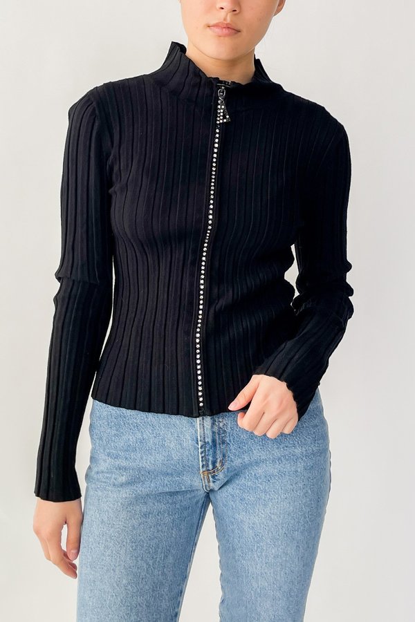 Vintage Ribbed Rhinestone Zipper Top - Black Vintage Ribbed Rhinestone Zipper Top - Black