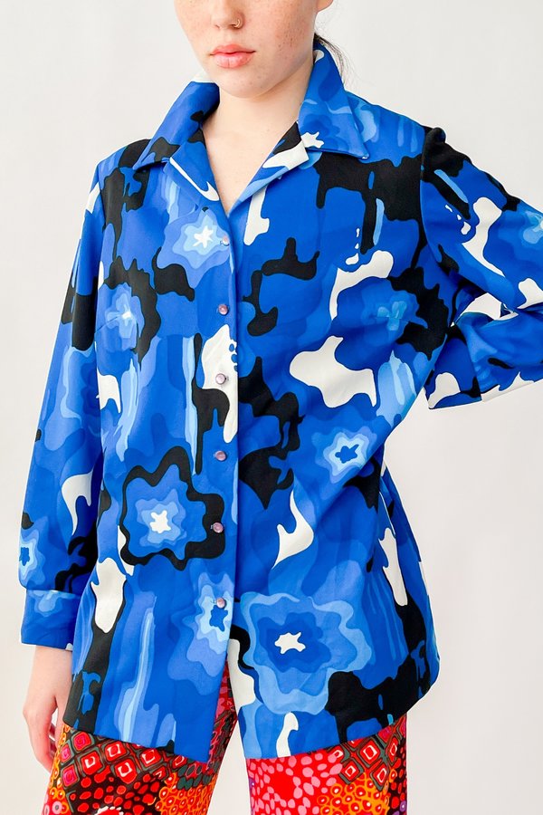 Vintage Abstract Squiggle Print Blouse - Cobalt Vintage Abstract Squiggle Print Blouse - Cobalt