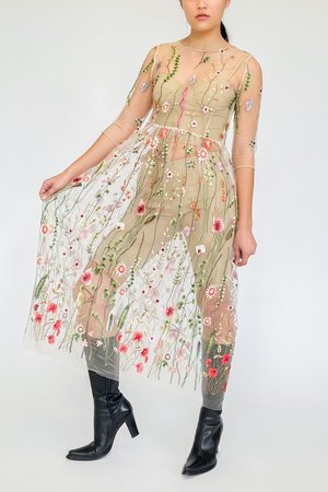 Flower Embroidered Sheer Organza Dress (S) | Garmentory