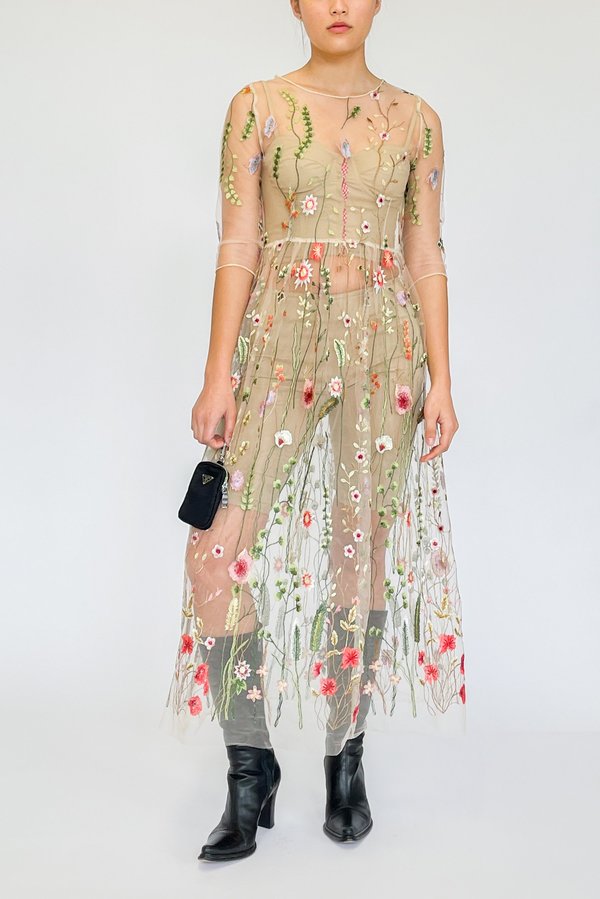 Flower Embroidered Sheer Organza Dress (S) | Garmentory