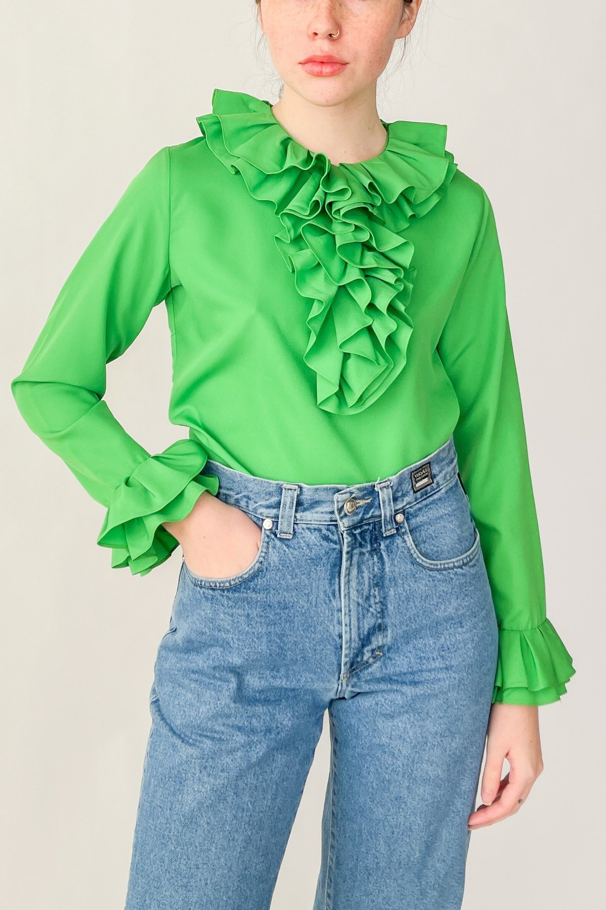 3020307 Green Check Ruffle Blouse