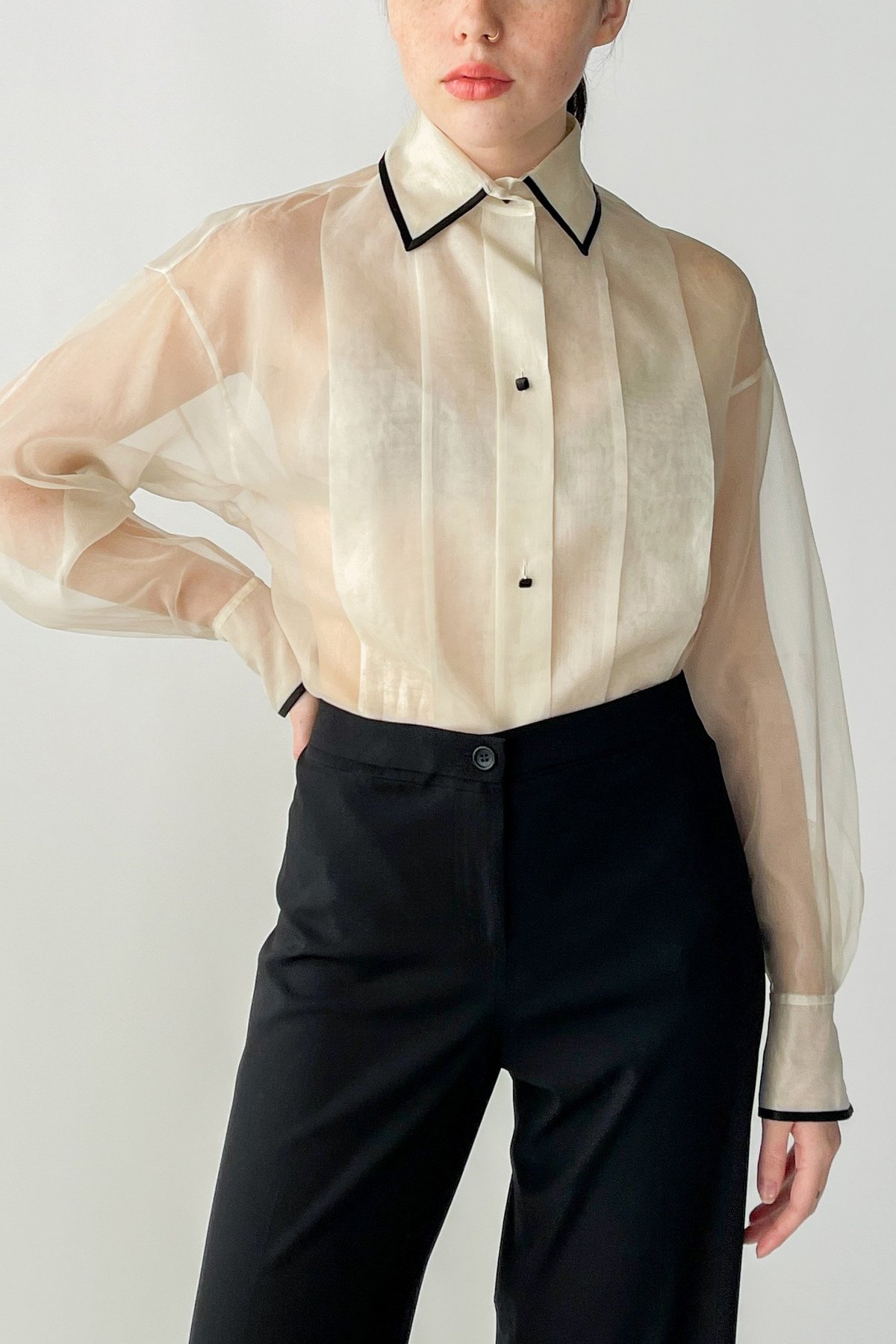 sheer over flare blouse（ivory） Ivory-Sheer-Silk-Organza-