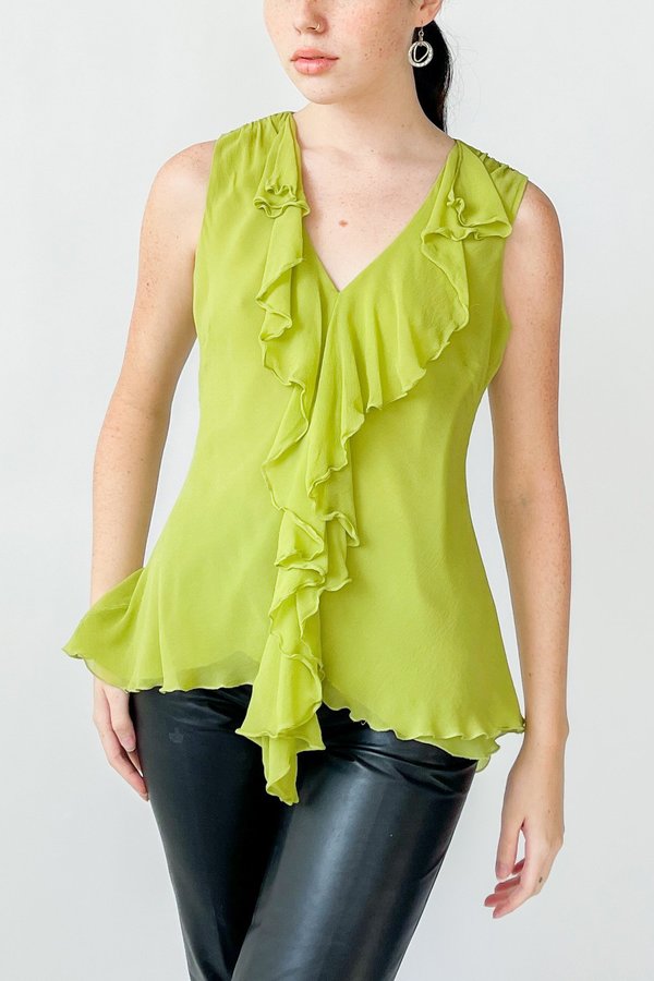 Vintage Ruffled Silk Sleeveless Blouse - Lime Vintage Ruffled Silk Sleeveless Blouse - Lime