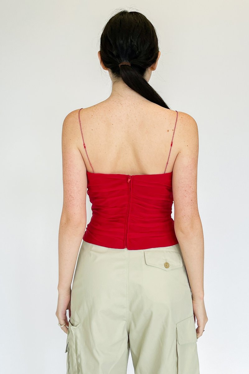 Vintage Silk Chiffon Ruffle Beaded Bodice Top - Red