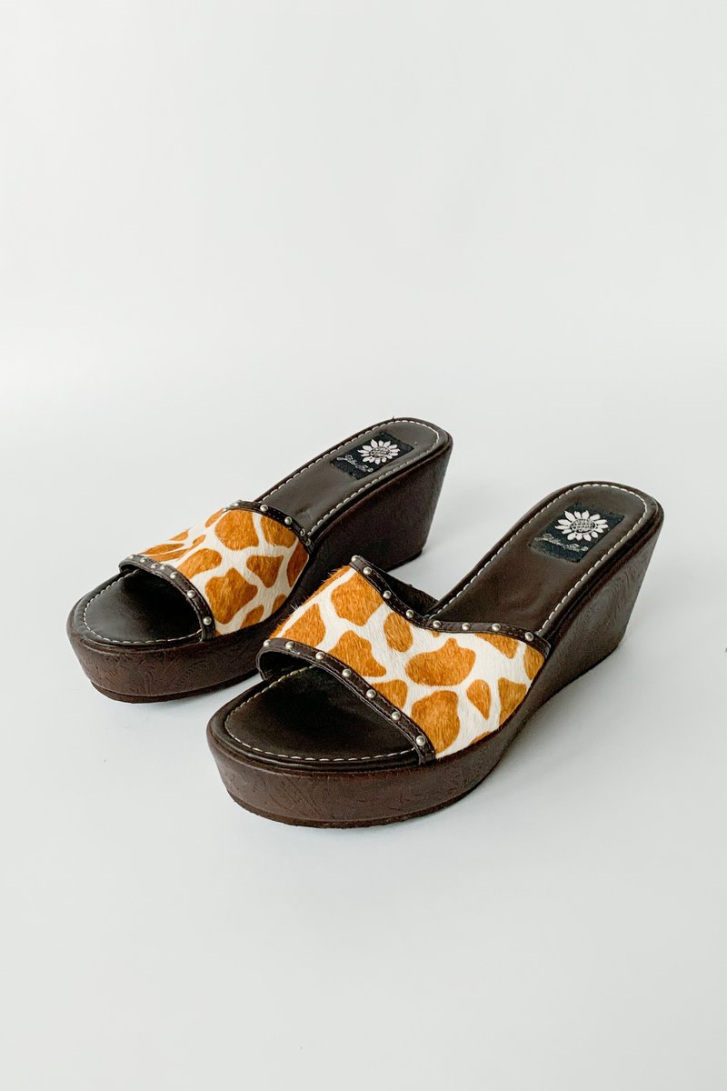Vintage Pony Hair Wedges - Sienna Cow Print
