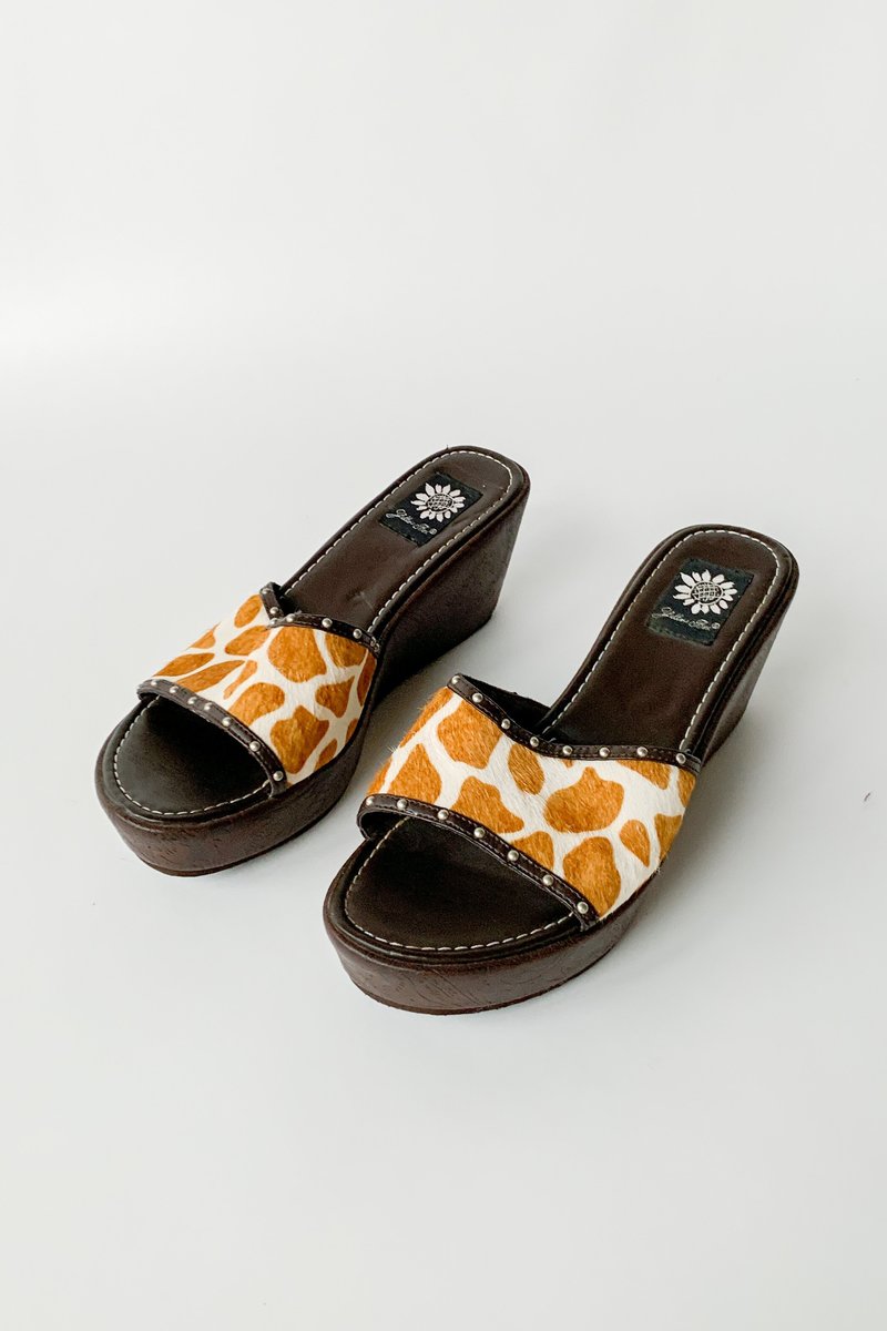 Vintage Pony Hair Wedges - Sienna Cow Print