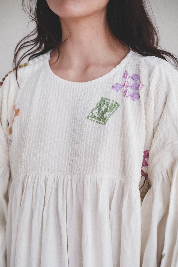STORY mfg. MON DRESS - ECRU SPIRAL TRIP | Garmentory