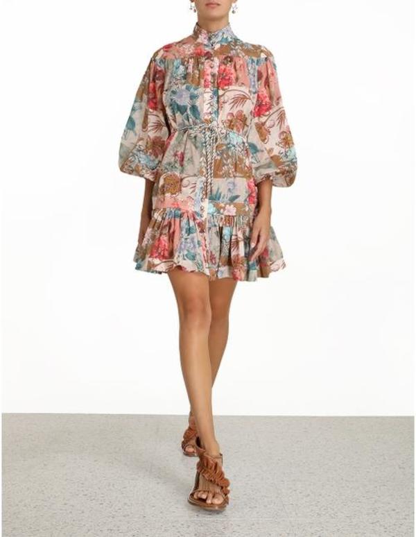 Zimmermann CASSIA DROP WAIST MINI DRESS - PATCHWORK FLORAL | Garmentory