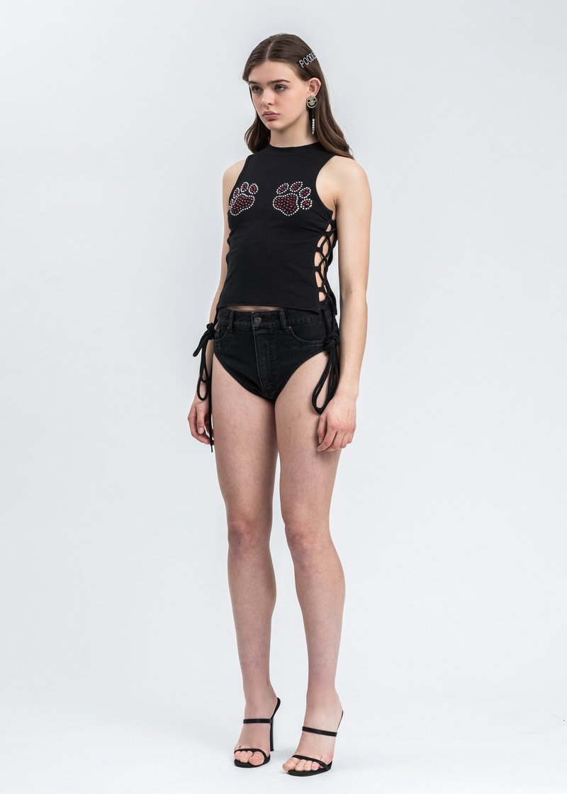 【関税込み】Ashley Williams ブラック Crystal Marley ジーンズ Ashley Williams Sexy Top With Crystal Paws - Black | Garmentory