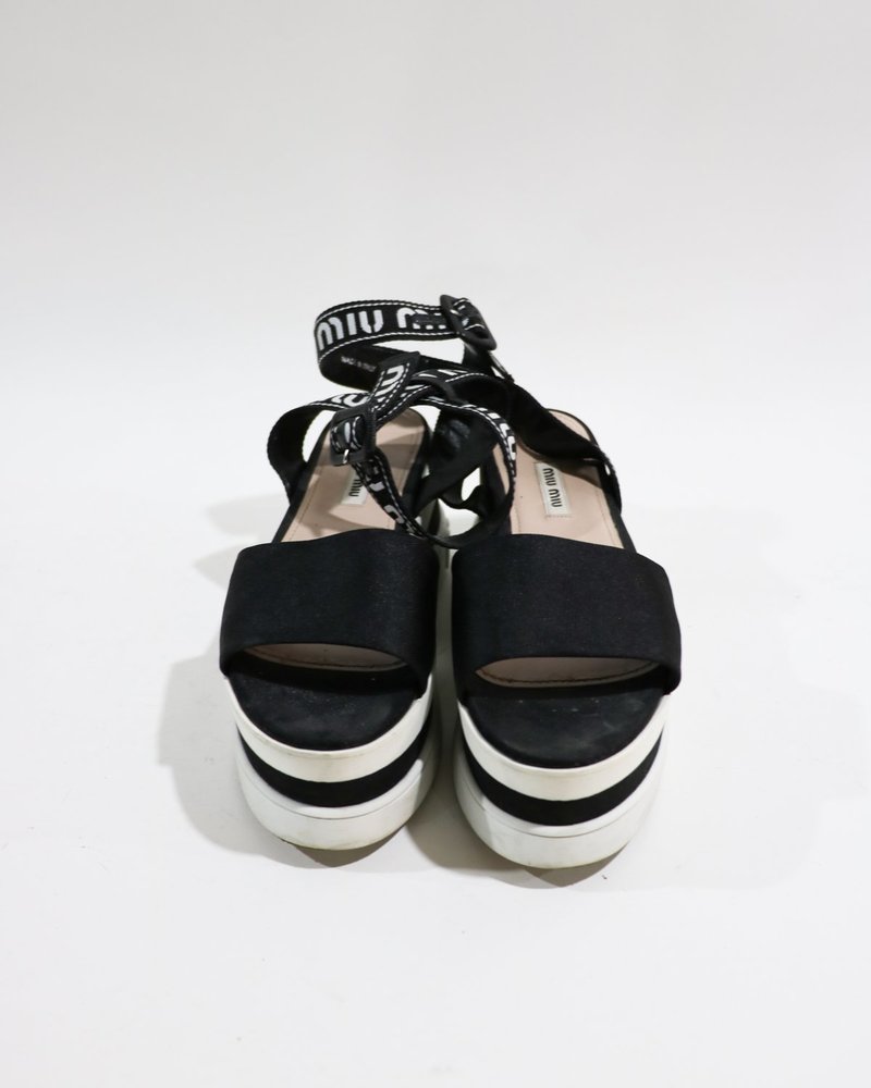 Pre-loved] Miu Miu Logo Strap Platform Sandals - Black/White