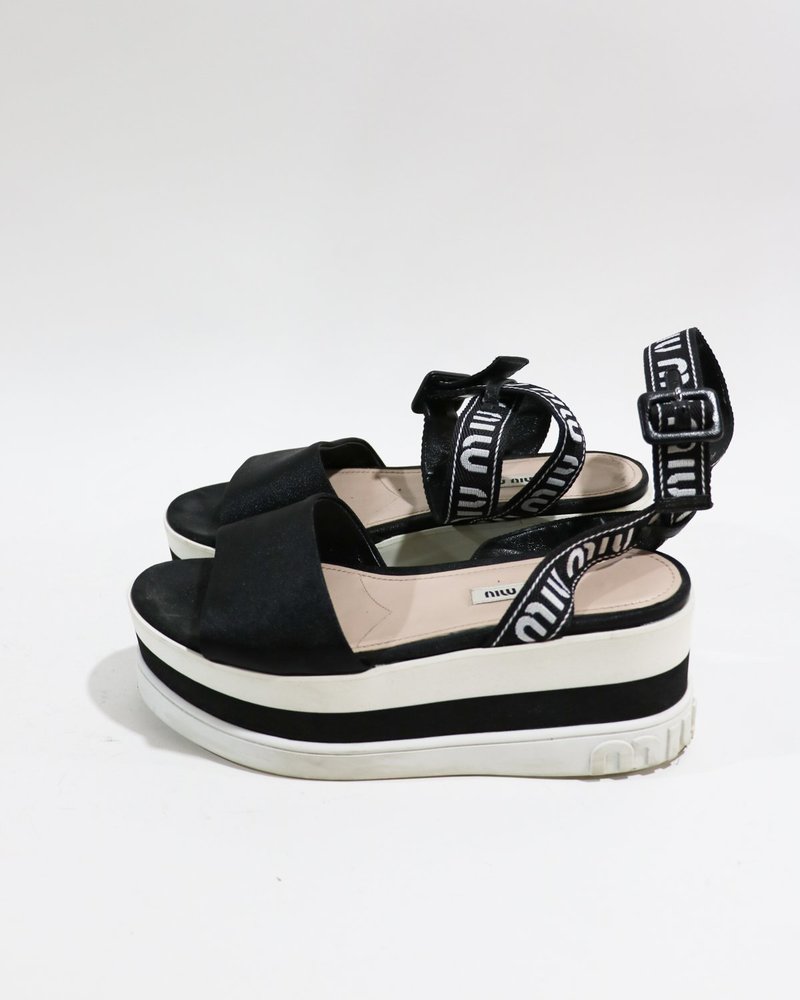 Pre-loved] Miu Miu Logo Strap Platform Sandals - Black/White