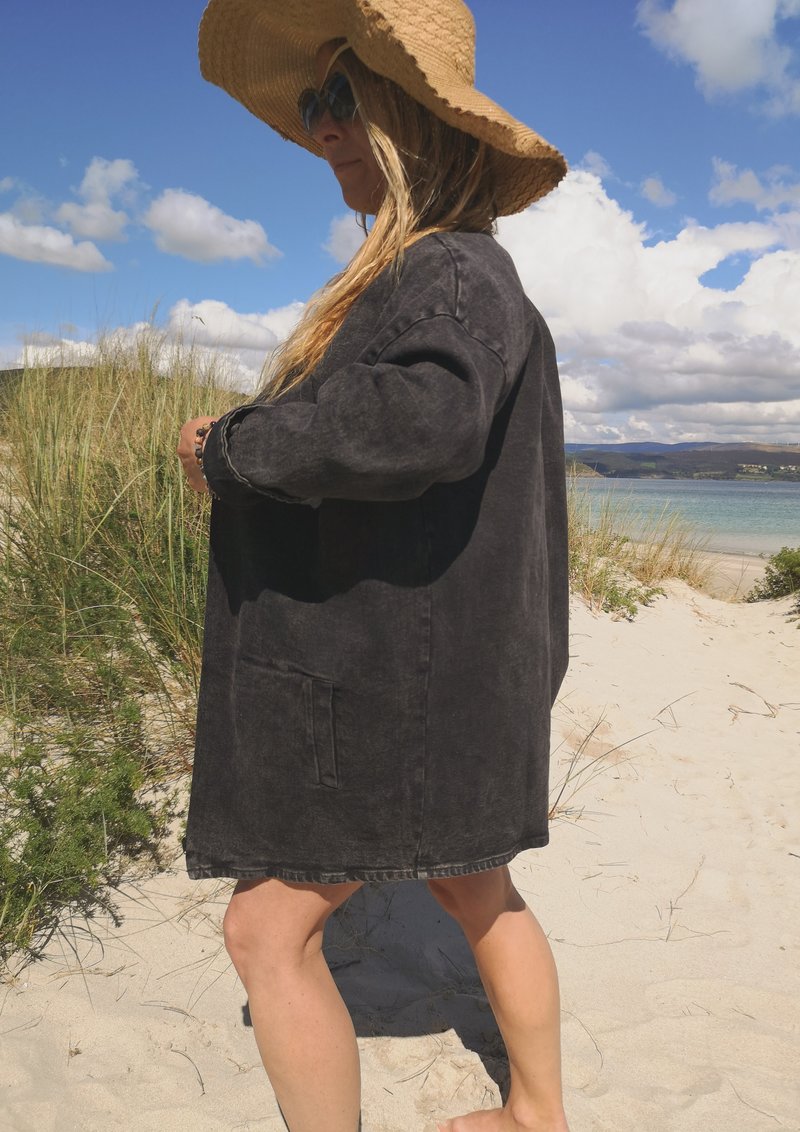 Berenik V-neck Zip Denim Summer Dress/Jacket - Washed Black Berenik V-neck Zip Denim Summer Dress/Jacket - Washed Black