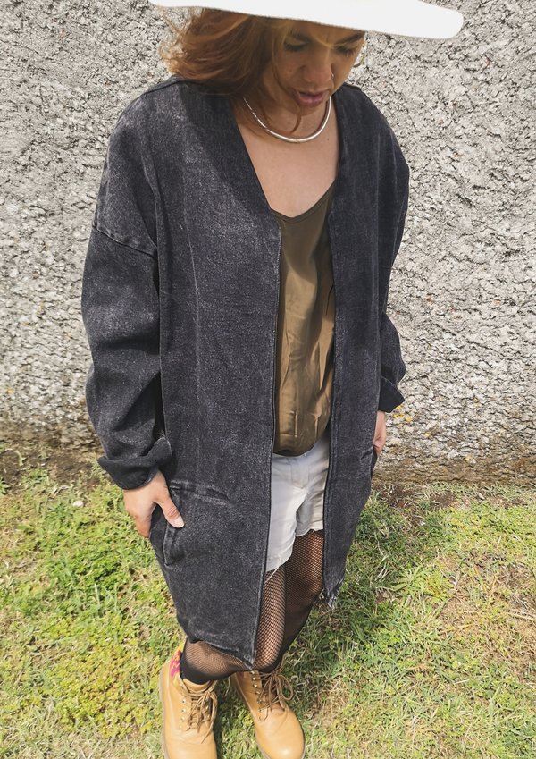 Berenik V-neck Zip Denim Summer Dress/Jacket - Washed Black Berenik V-neck Zip Denim Summer Dress/Jacket - Washed Black