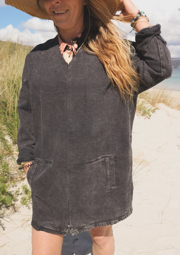 Berenik V-neck Zip Denim Summer Dress/Jacket - Washed Black Berenik V-neck Zip Denim Summer Dress/Jacket - Washed Black