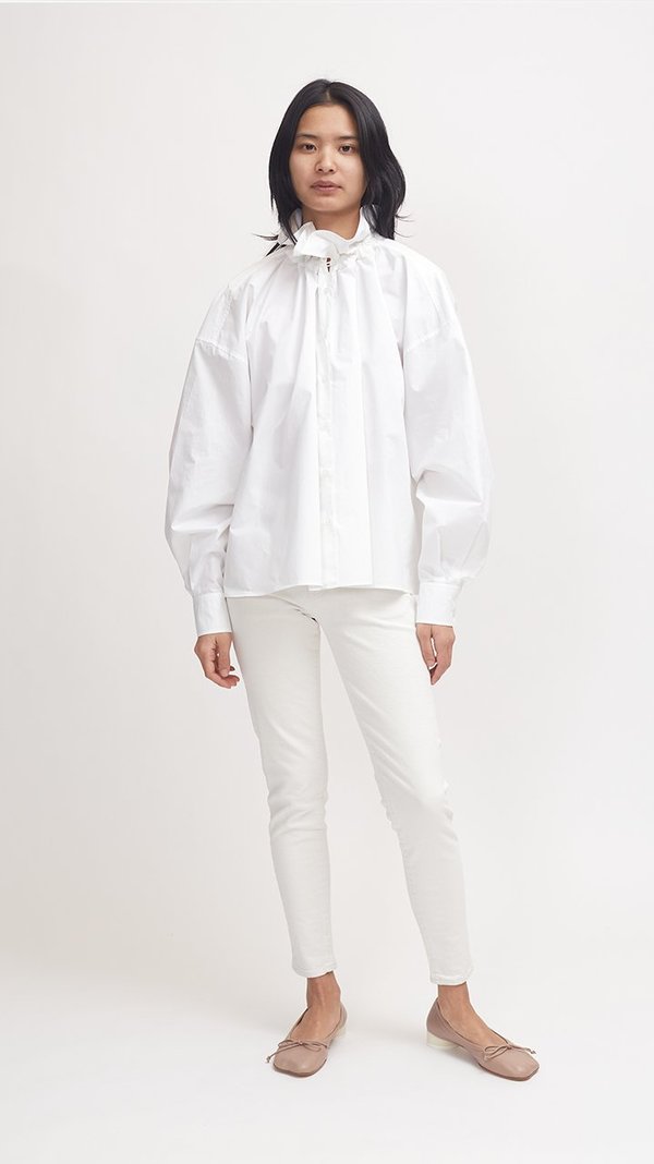MM6 by Maison Margiela Ruffle Neck Poplin Top - White | Garmentory