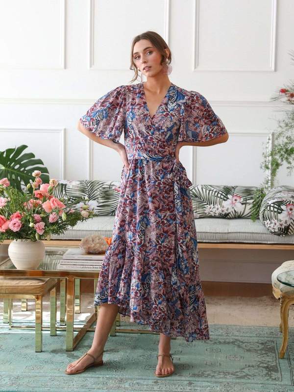 chinese dress ladies Floral V-Neck Long-Sleeve Dress Heavenly Blue / L (US 6) main image 0