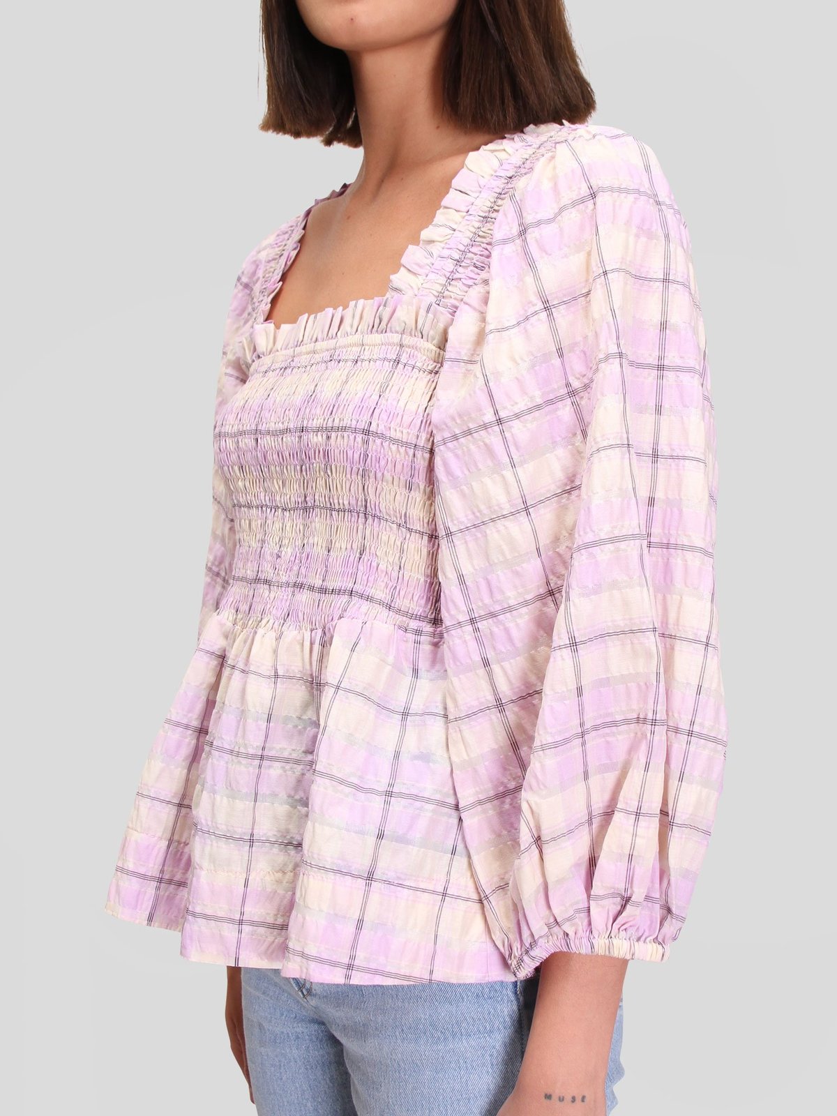 Seersucker Check Open-Neck Smocked Top main image 1