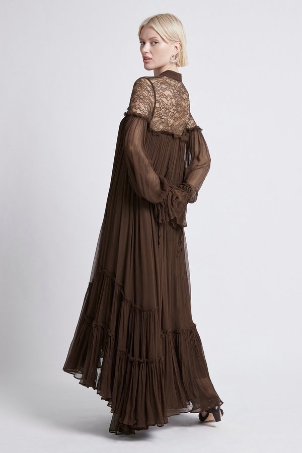 aje brown ruffle dress Pandorea Layered Maxi Dress-CAROB / 16