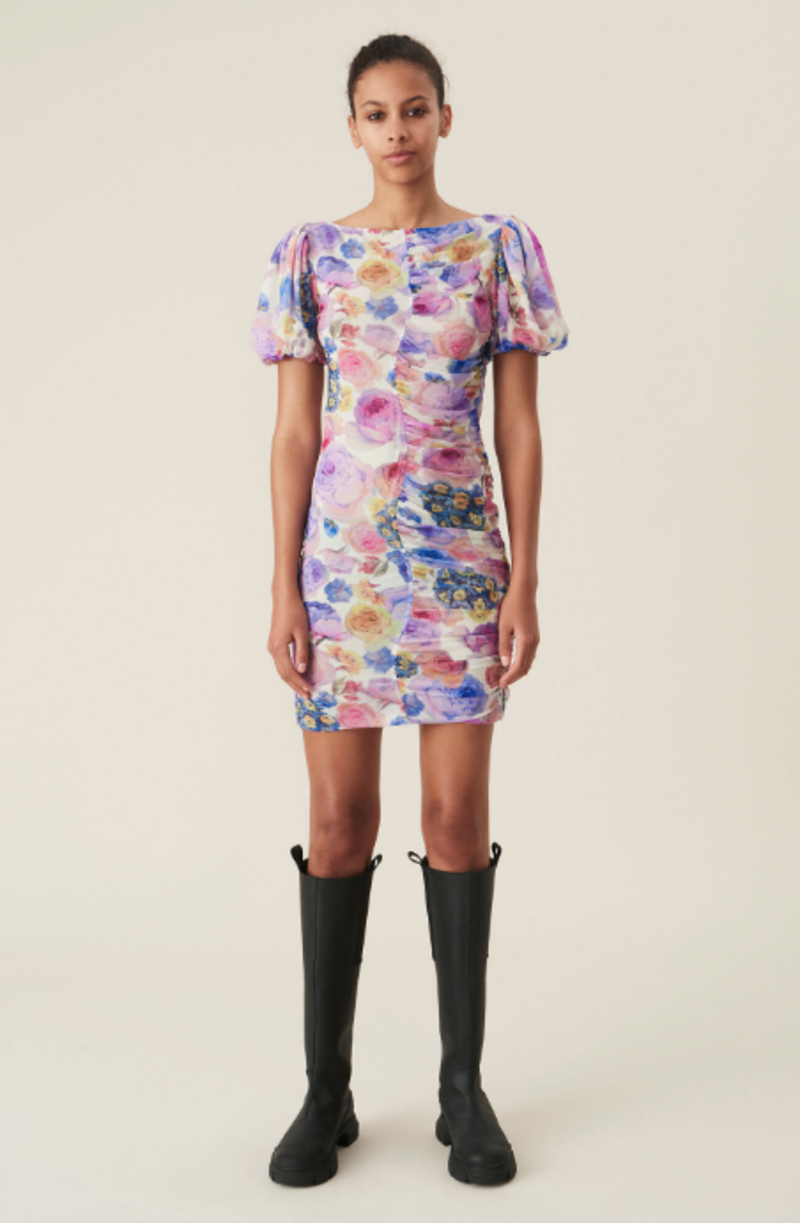 Ganni Printed Mesh Mini Dress - Multi Floral | Garmentory