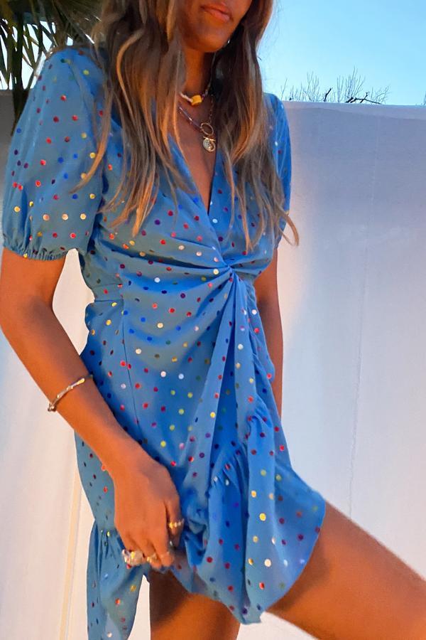 NEVER FULLY DRESSED Rainbow Spot Mini Wrap Dress - blue | Garmentory