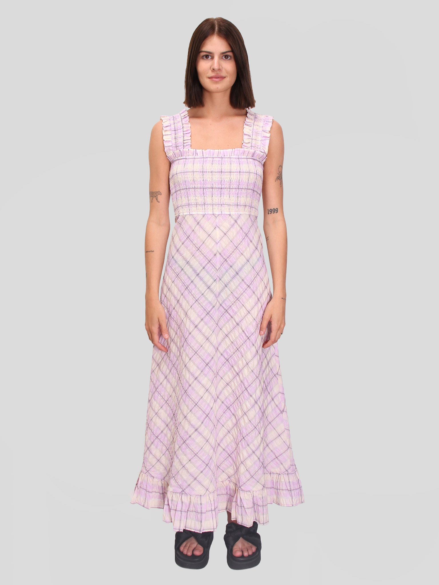 Ganni Seersucker Check Maxi Dress - Orchid Blossom | Garmentory