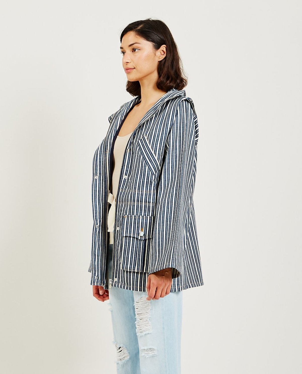 Ganni Mixed Stripe Denim Jacket - Indigo/White | Garmentory