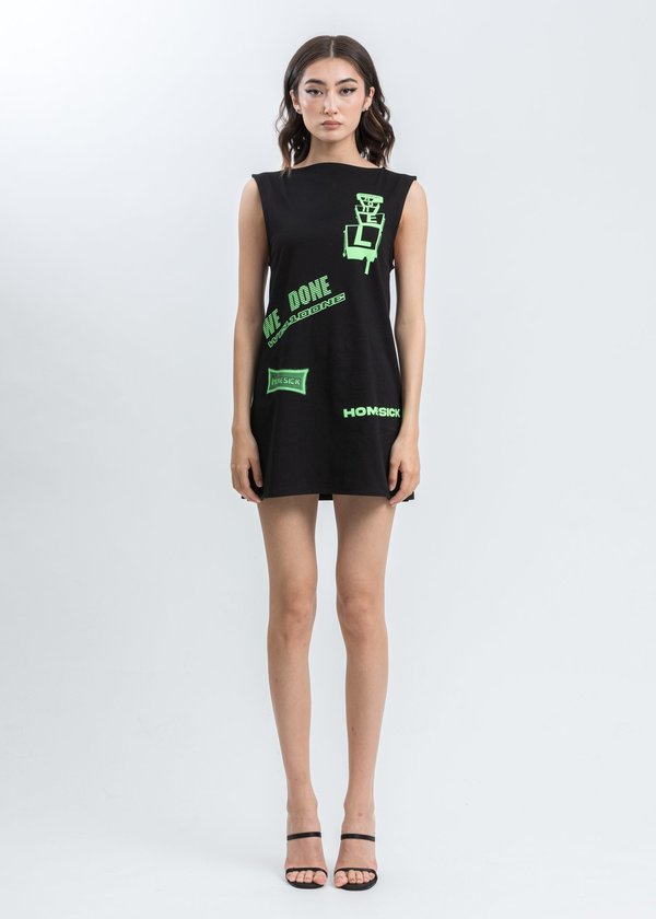 we11done All Over Logo Printed Mini Dress - Black we11done All Over Logo Printed Mini Dress - Black