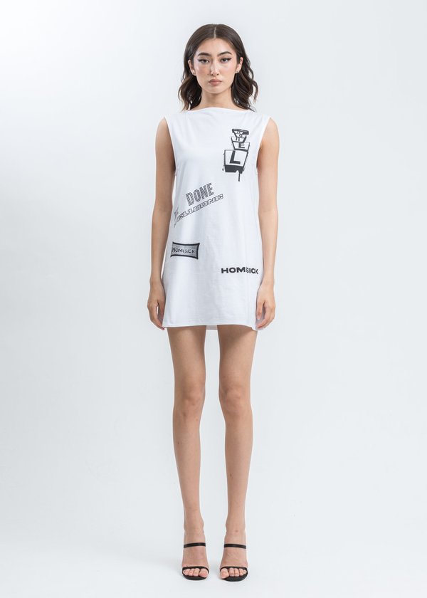 we11done All Over Logo Printed Mini Dress - White we11done All Over Logo Printed Mini Dress - White