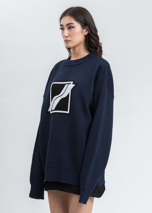 we11done Square Logo Jacquard Knit Pull Over - Navy we11done Square Logo Jacquard Knit Pull Over - Navy