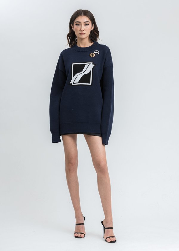 we11done Square Logo Jacquard Knit Pull Over - Navy we11done Square Logo Jacquard Knit Pull Over - Navy