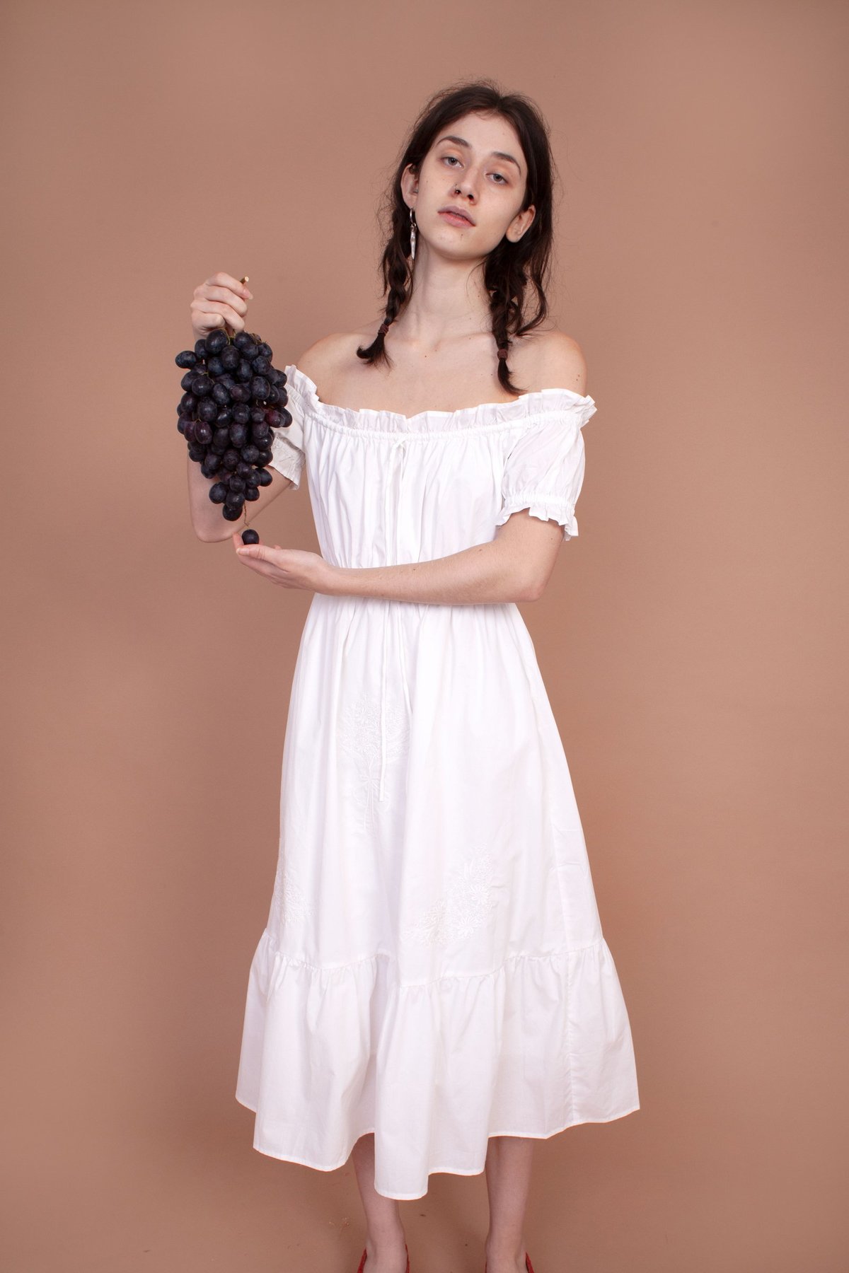 lucky brand embroidered dress Linen Blend White Off Shoulder Midi Dress - All Dresses main image 1