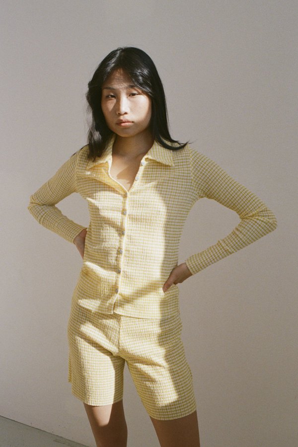 PERMANENT VACATION Ritual Flared Shorts Yellow Gingham Garmentory