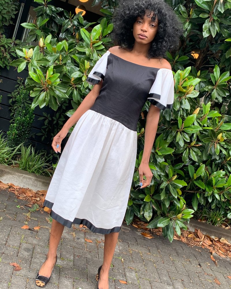Vintage Linen Flutter Sleeve Dress - white/BLACK | Garmentory