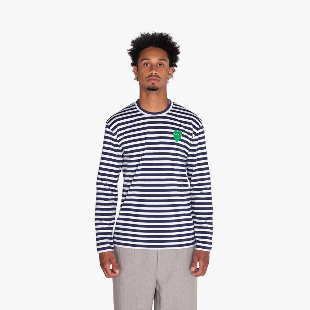 ◆THE MUSEUM VISITOR◆ HEART STRIPE LONG TSHIRT GREY 15649 Comme Des Garçons Play Striped Heart Logo T-shirt | Grey