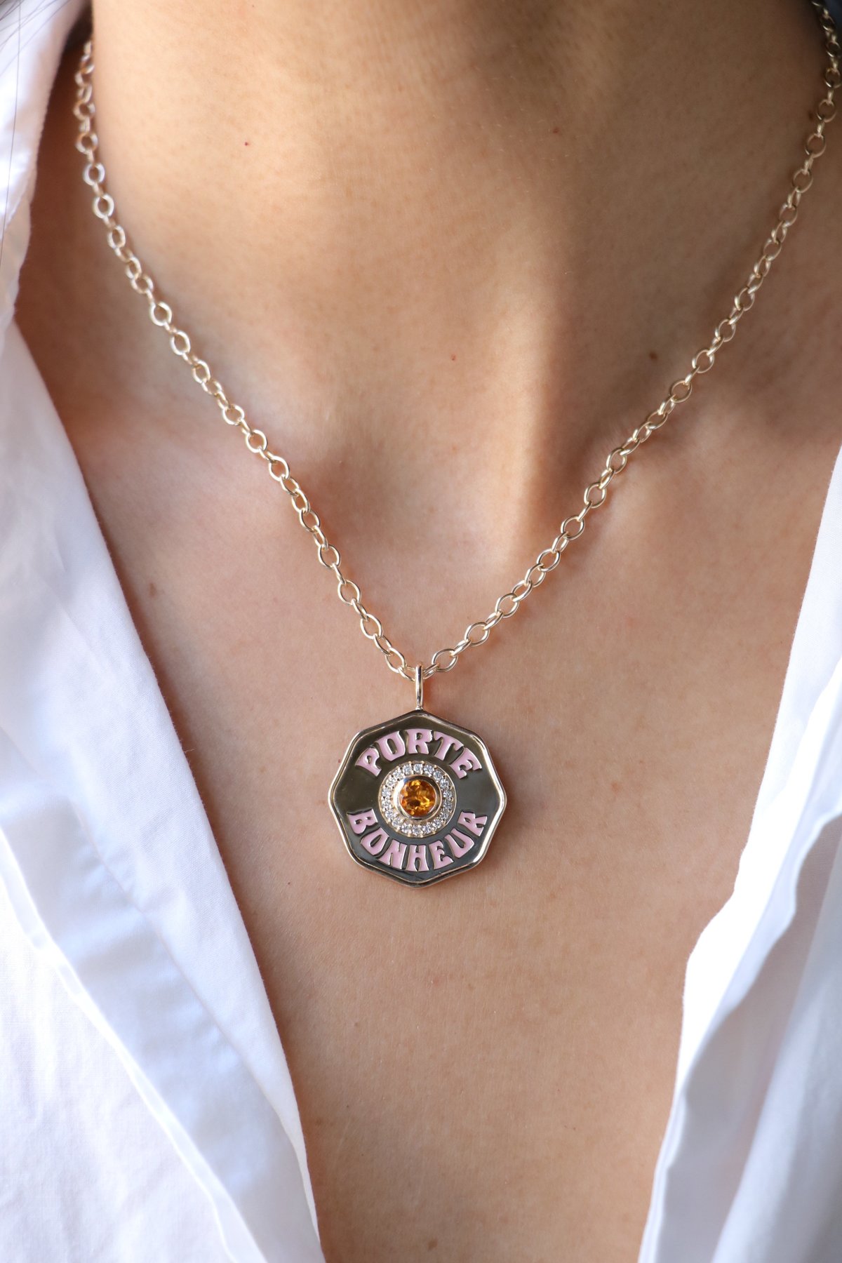 Marlo Laz Large Porte Bonheur Enamel Coin Necklace - 14k