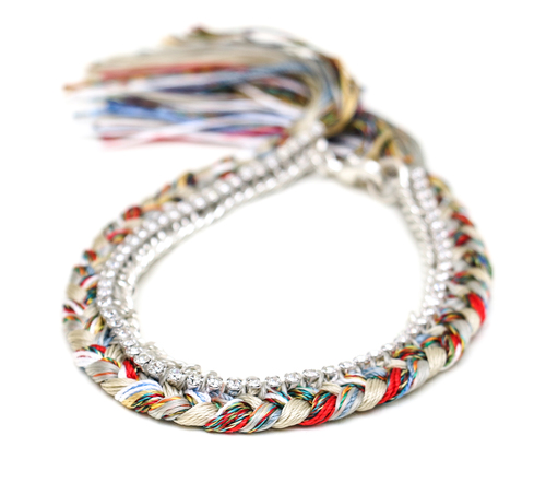 Alyssa Norton Multi Colored Silk Bracelet with Silver Chain and Clear Rhinestones Alyssa Norton Multi Colored Silk Bracelet with Silver Chain and Clear Rhinestones