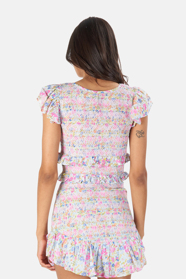 love shack fancy sonora mini dress LoveShackFancy Sonora Smocked Mini Dress Light Pink Floral Print Size Celebrity Owned