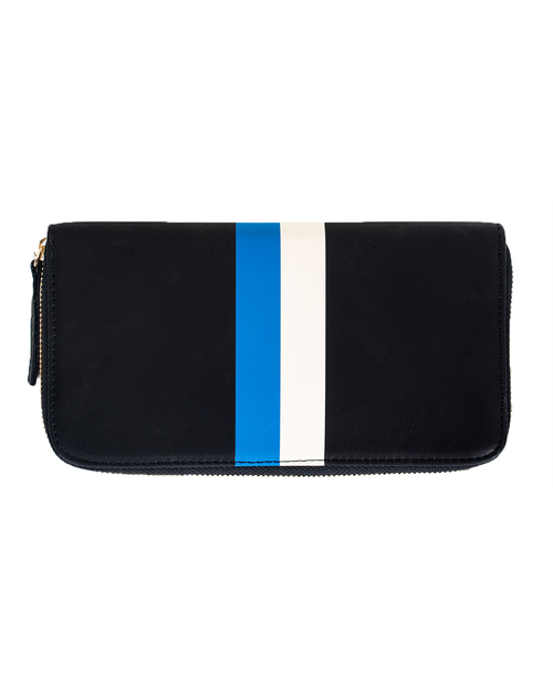 Clare Vivier Zip Wallet in Black with Blue/Cream Stripe Clare Vivier Zip Wallet in Black with Blue/Cream Stripe