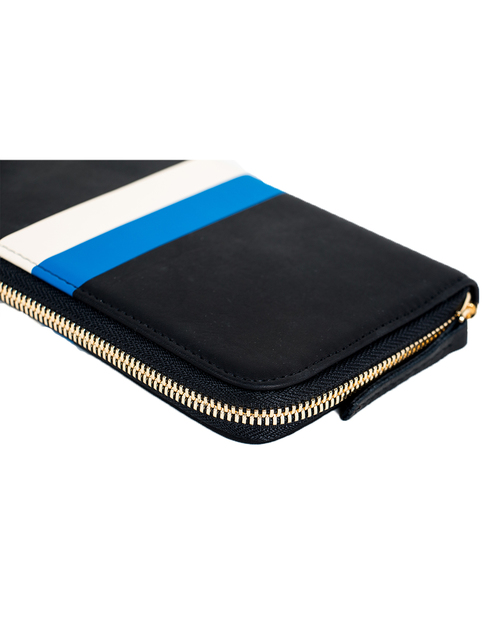 Clare Vivier Zip Wallet in Black with Blue/Cream Stripe Clare Vivier Zip Wallet in Black with Blue/Cream Stripe