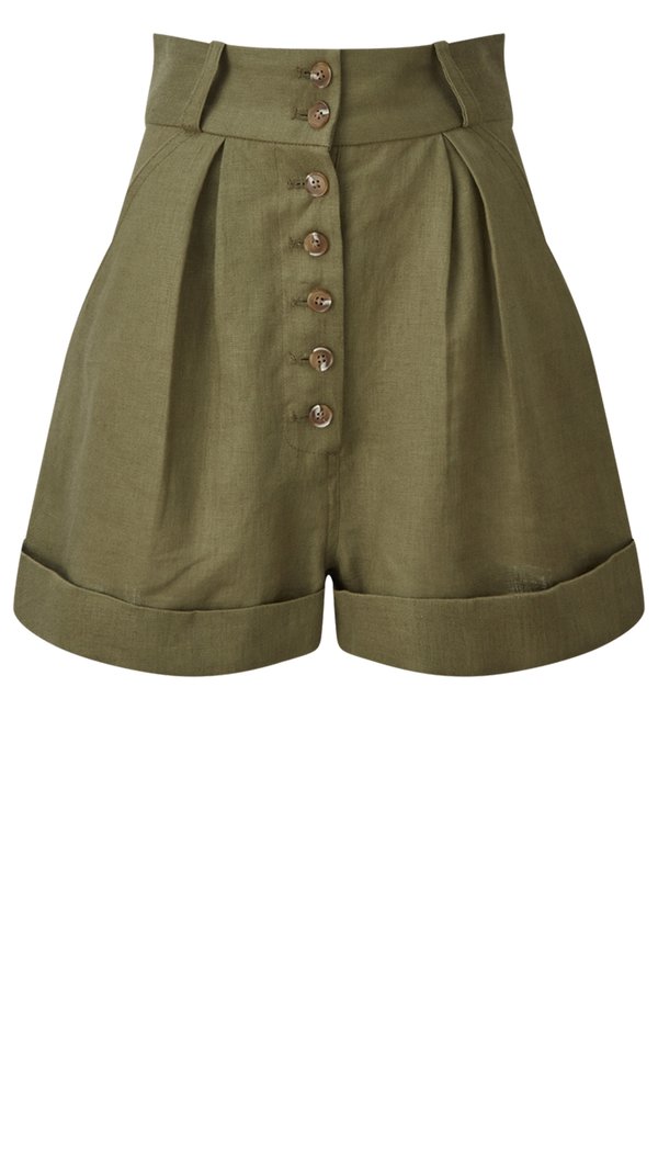 Matthew Bruch Button Fly Linen Short - Army Green