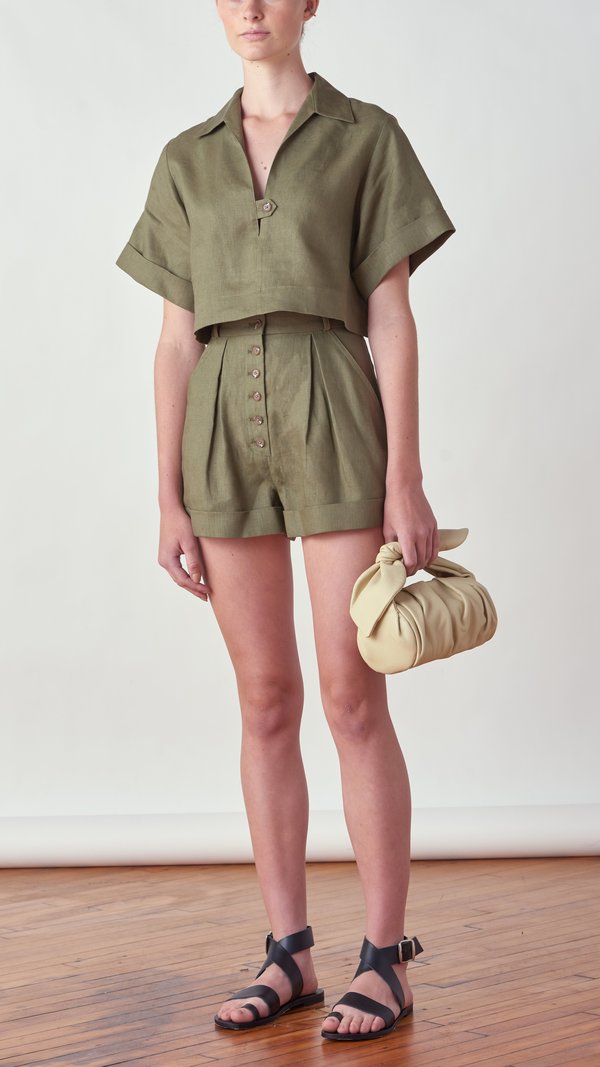 Matthew Bruch Button Fly Linen Short - Army Green