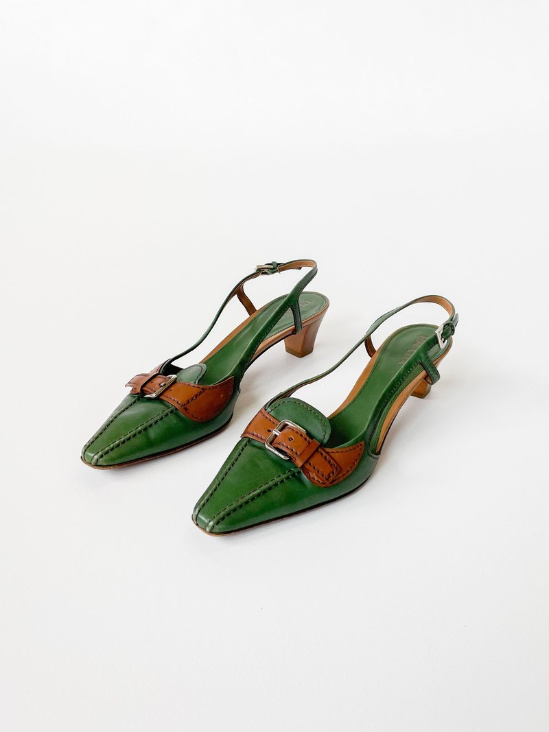 Vintage Prada Leather Buckle Heels - Forest Green | Garmentory