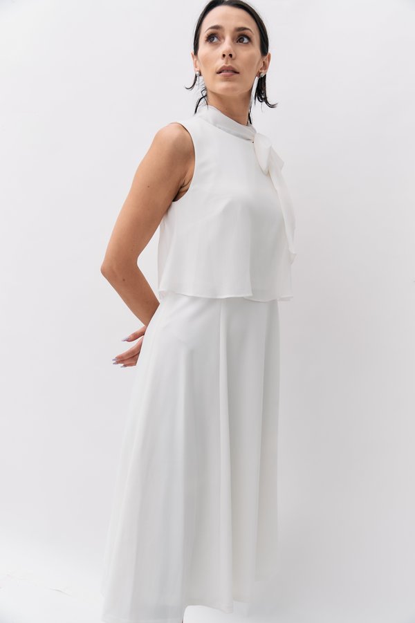 midi satin white dress White Satin Cream Wrap Dress Midi Flutter Sleeves M main image 1