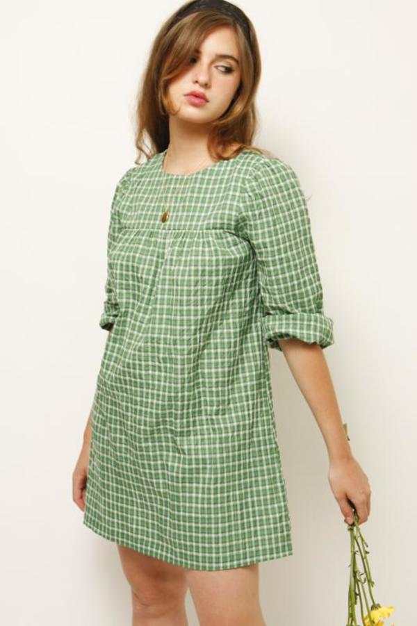 green plaid babydoll dress Plaid Scallop Trim Detail Babydoll Mini Dress M