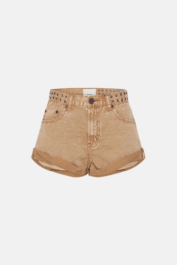 OneTeaspoon Studded Bandits Mid Waist Short - Tobacco
