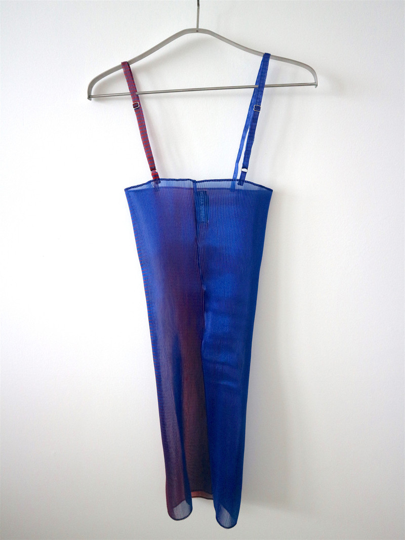 Kitty Joseph Iridescent Stripe Crystal Pleated Organza Dress - Cobalt/Ruby