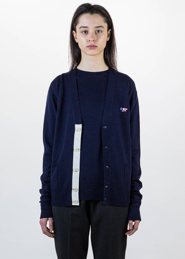 Maison Kitsune Navy Tricolor Fox Patch Cardigan | Garmentory