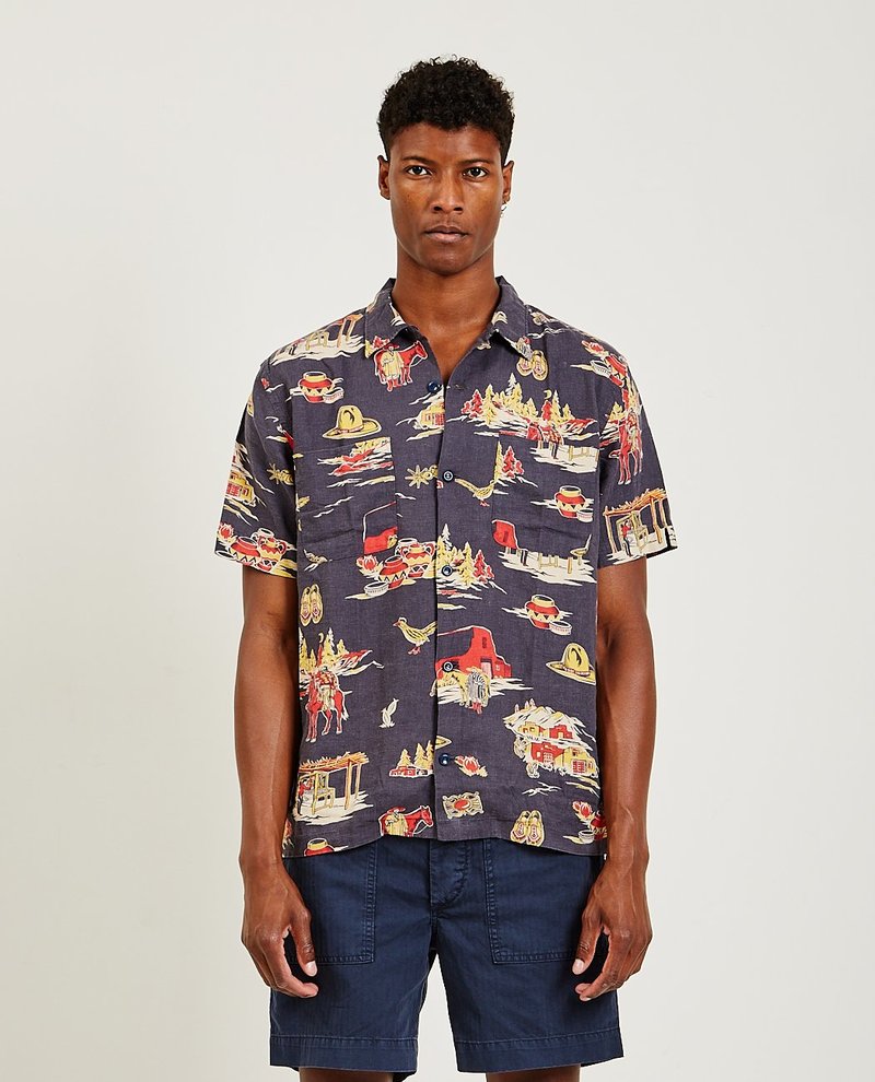 RRL Print Linen Camp Shirt - INDIGO | Garmentory